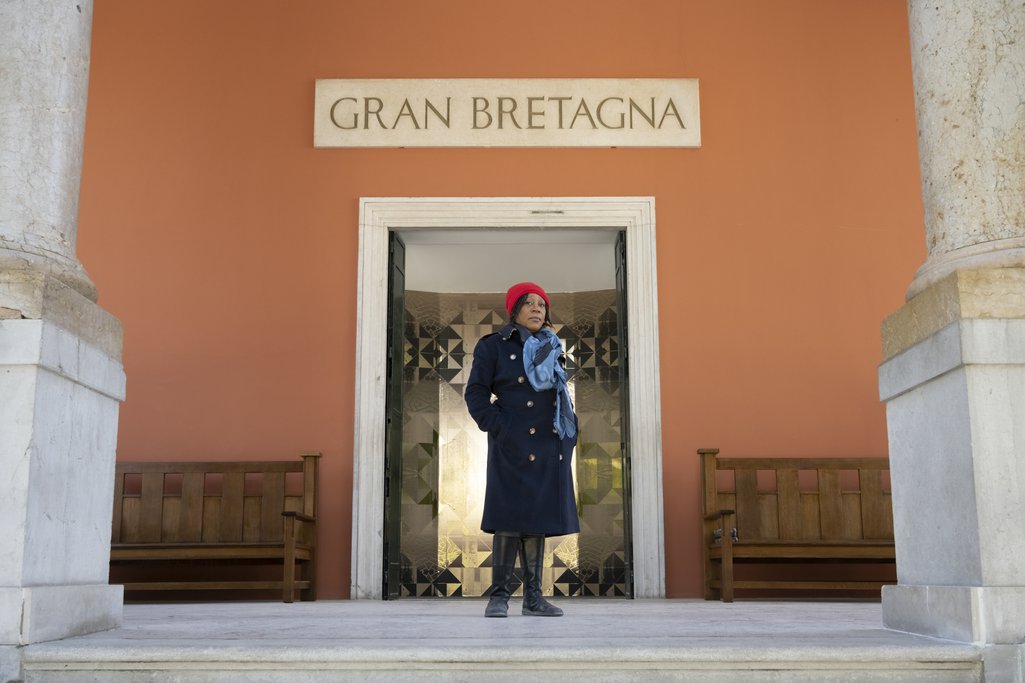 Sonia Boyce in front of the British Pavilion in Venice