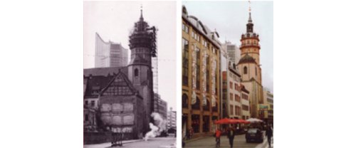 Leipzig, view towards Nikolaikirche, in 1986 and after its renovation in 1999
