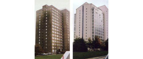 Leipzig, Bästleinstrasse 10, High-rise Type PH 16 before and after its renovation in 1995/96