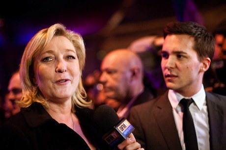 Marine Le Pen speaks to the media after a campaign rally in 2012. Demotix/Xavier Malafosse. All rights reserved.