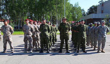 Members of the U.S, Latvian, Canadian, and Estonian Armies in Camp Adazi, Latvia.