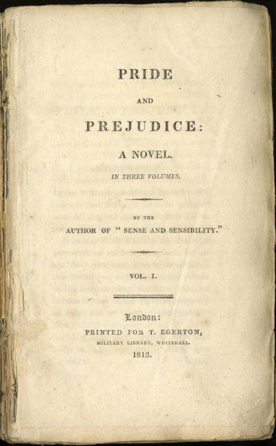 Title page from the first edition of the first volume of Pride and Prejudice, 1813. 