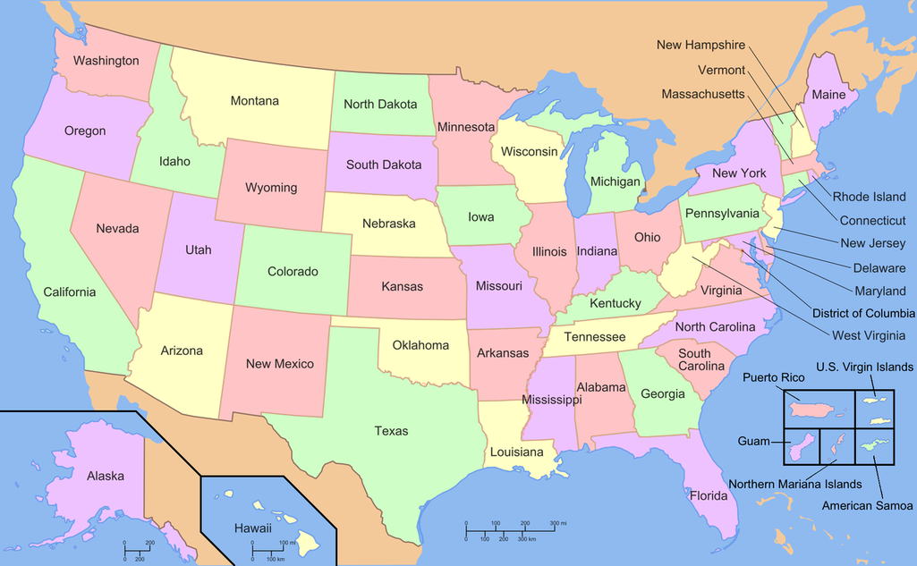 A map of the United States showing its 50 states, federal district and five inhabited territories
