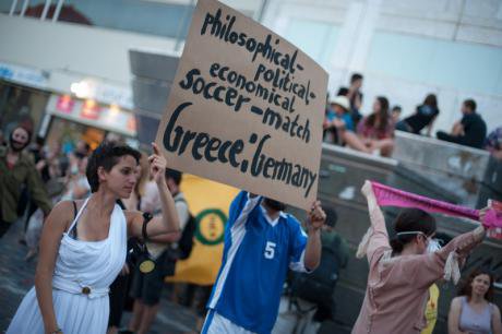  actors in a mock match between Germany and Greece.