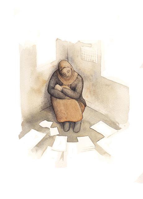Illustration of a woman sitting on the floor surrounded by paper.