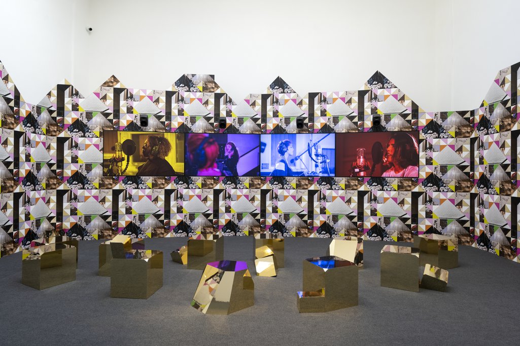 Sonia Boyce's installation 'Feeling Her Way' at the British Pavilion at the Venice Biennale 2022, featuring four performers - Errollyn Wallen, Tanita Tikaram, Poppy Ajudha, Jacqui Dankworth