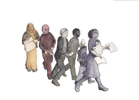 Illustration of group of men, women and children holding papers.