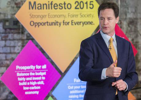Then Liberal Democrat leader Nick Clegg at the party&#39;s manifesto launch for the 2015 general election.