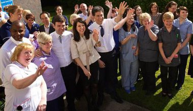 Labour leadership candidates Liz Kendall and Andy Burnham with former leader Ed Miliband, April 2015.