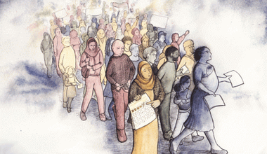 lead Illustration showing a crowd of men, women and children. Some have placards and pieces of paper.