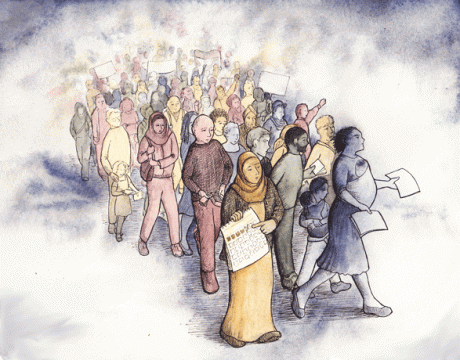 lead Illustration showing a crowd of men, women and children. Some have placards and pieces of paper.