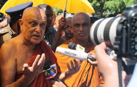The late Maduluwawe Sobitha Thero campaigning for the 19th amendment outside the Sri Lankan parliament in 2015.