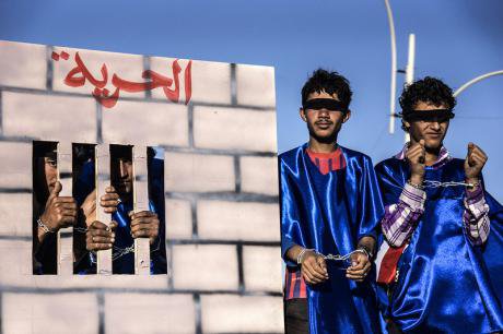 Demonstrating for the release of detainees in Yemen&#39;s youth revolution, 2013.