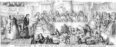 A cartoon of a courtroom scene in which all the positions of power are taken my ladies in full skirts and ribbons.