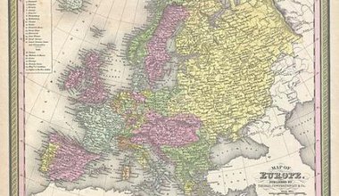 S. A. Mitchell Sr.’s 1850 map of Europe, depicting the entire continent colour coded according to individual countries. 