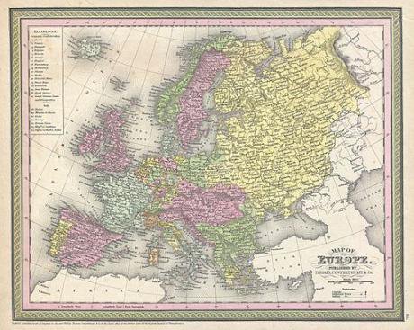 S. A. Mitchell Sr.’s 1850 map of Europe, depicting the entire continent colour coded according to individual countries. 
