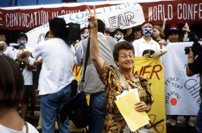 1995 Beijing NGO Forum Cora Weiss at peace demo.jpg