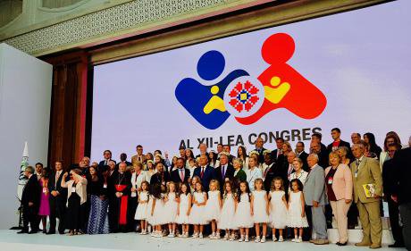 Moldovan President Igor Dodon, surrounded by speakers and dignitaries at this year&#x27;s World Congress of Families. 