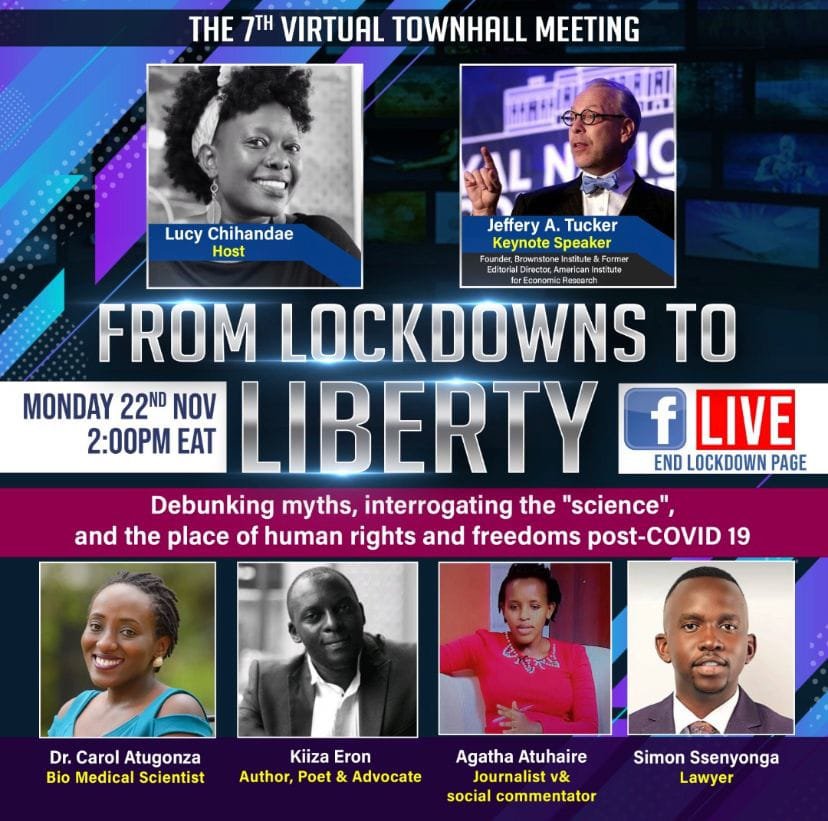 A promo photo for a 'town hall' Facebook live panel event called 'From lockdown to liberty'