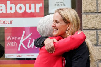 Kim Leadbeater embraces her mother, Jean, in Clackheaton after she won the Batley and Spen by-election and is now representing the seat previously held by her sister Jo Cox, who was murdered in the constituency in 2016. Picture date: Friday July 2, 2021.