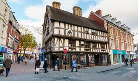 Llwyd Mansion, a Tudor timber frame building constructed in 1604 on the corner of Bailey and Cross streets, in the town of Oswestry, Shropshire