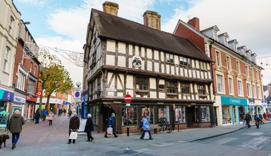 Llwyd Mansion, a Tudor timber frame building constructed in 1604 on the corner of Bailey and Cross streets, in the town of Oswestry, Shropshire