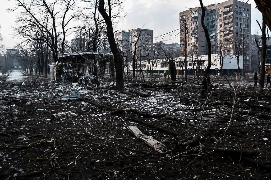 Debris of destroyed Mariupol buildings litters the streets as Russia's invasion of Ukraine continues, 12 March