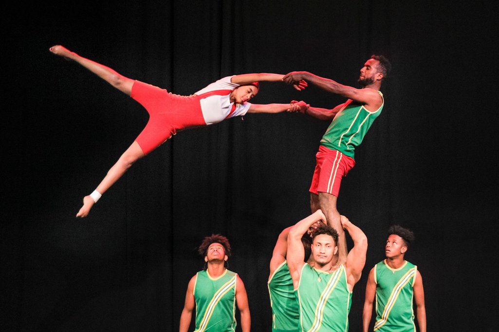 Acrobats from the 15-strong Circus Abyssinia troupe rehearse