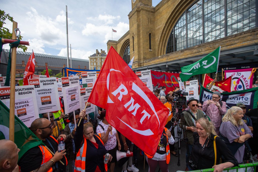 Hundreds stage a protest outside Kings Cross Station in solidarity with striking National Union of Rail, Maritime and Transport Workers (RMT) workers