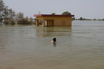 A man swims amid flood water, following rains and floods during the monsoon season in Sehwan, Pakistan September 6, 2022