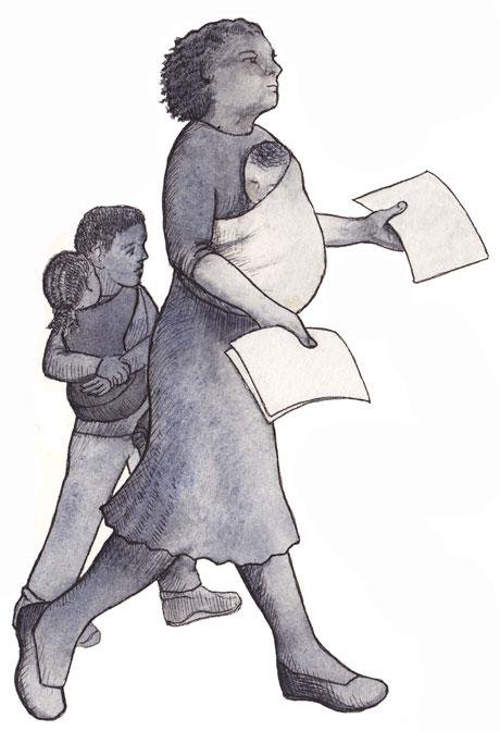 Illustration of mother with baby and two children. She is holding two sheets of paper in out stretched hands.
