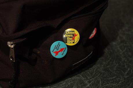 Backpack with anti-BNP badges