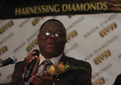 Zimbabwe Prime Minister Morgan Tsvangirai speaks at the launch of diamond sales from the disputed Marange diamond fields