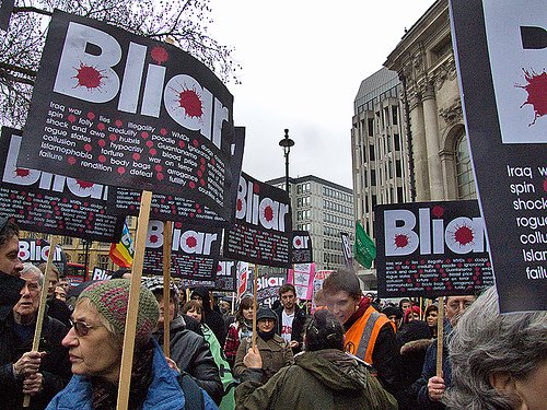Blair Protest, outside the Iraq Inquiry, London, Blair inside
