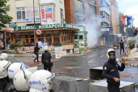 Turkish police fire tear gas on May day protesters, 2014.