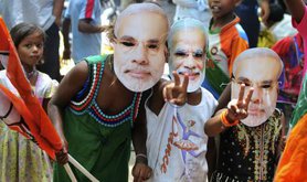 May 2014. Indian children celebrate BJP General Election victory.