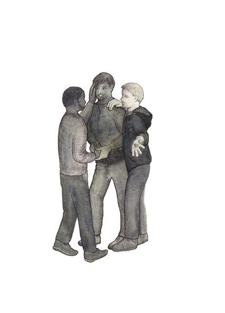 Illustration of three boys with their arms on each others shoulders, talking.
