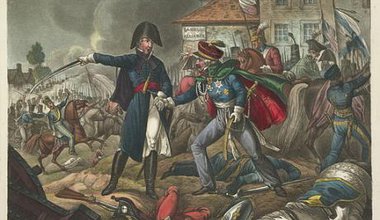 Wellington and Blucher meet during Battle of Waterloo, 1815.