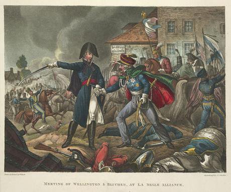 Wellington and Blucher meet during Battle of Waterloo, 1815.