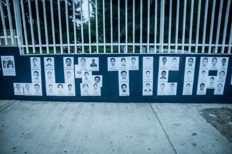 Posters with the faces of the 43 students disappeared in Ayotzinapa.