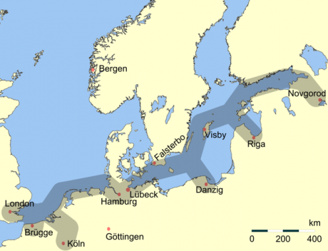 Main C13th trading routes of the Hanseatic League.