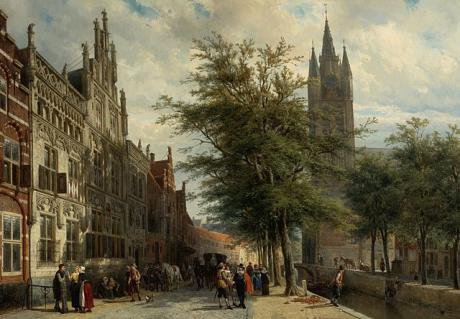 The Gemeenlandshuis ( Water Boards) and the Old Church, Delft, Summer, 1877.