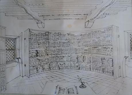 Reconstruction of Montaigne&#39;s library in the tower of Montaigne&#39;s castle.. 