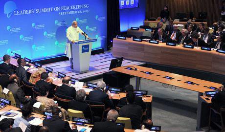 Narendra Modi delivering speech at UN Peacekeeping Summit, New York, September, 2015.