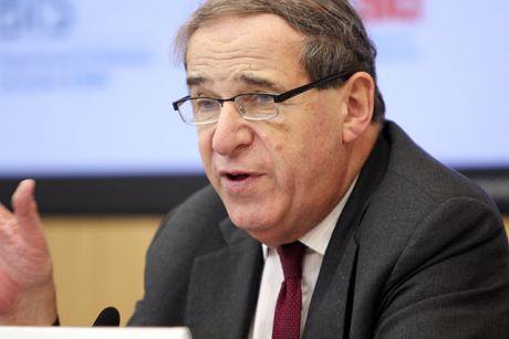 Lord Brittan speaking at a media briefing, 2011.