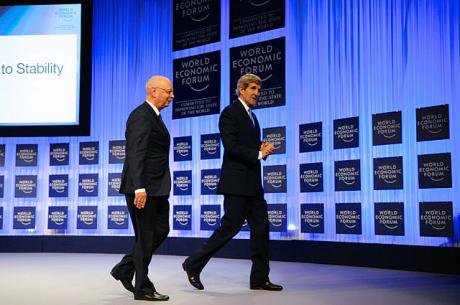 John Kerry walks offstage after keynote speech at World Economic Forum, 2014. 