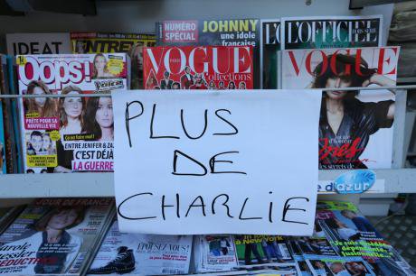 News kiosk in Nice where first edition of Charlie Hebdo has sold out.