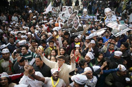 Celebration on the streets as AAP wins in Delhi, February, 2015.