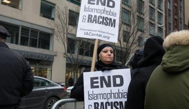 NYC protest against anti-Muslim bias after North Carolina shootings.