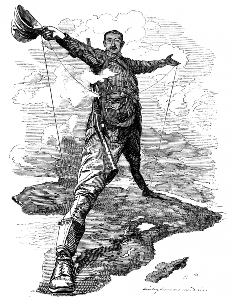 The Rhodes colossus - Punch cartoon caricature of Cecil Rhodes by Edward Linley Sambourne, 1892.